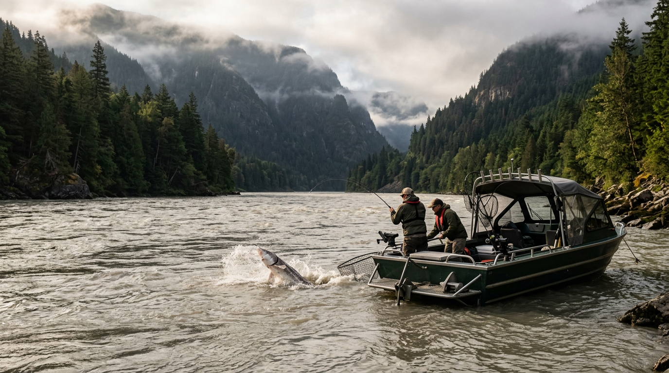 Un bateau de pêche sur le fleuve Fraser en Colombie-Britannique entouré de montagnes.