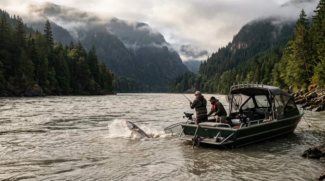 Un bateau de pêche sur le fleuve Fraser en Colombie-Britannique entouré de montagnes.
