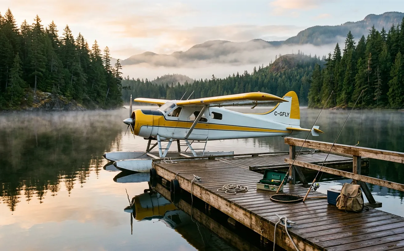 Hydravion amarré au quai d'une pourvoirie de pêche isolée au Canada