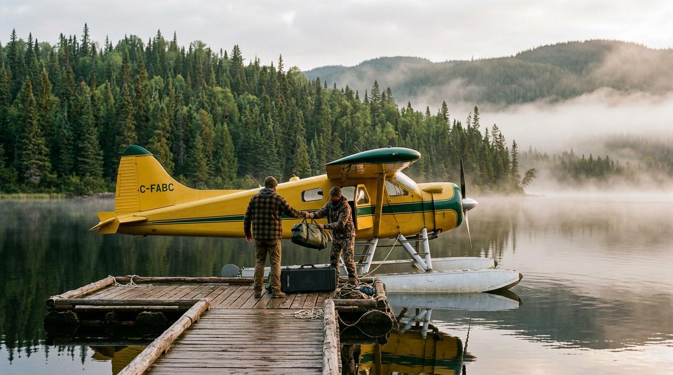 A bush plane being loaded with hunting gear at a remote lake dock in the Canadian wilderness.