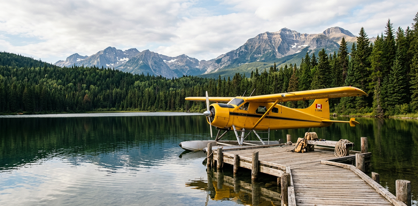 De Havilland Beaver float plane docked at a remote wilderness pier in Northern Canada.