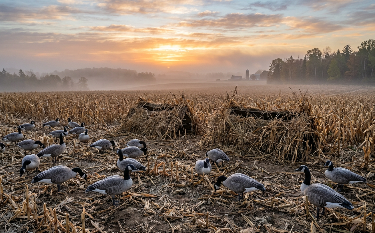Chasseurs à l'outarde dans un champ de maïs en Ontario à l'aube.