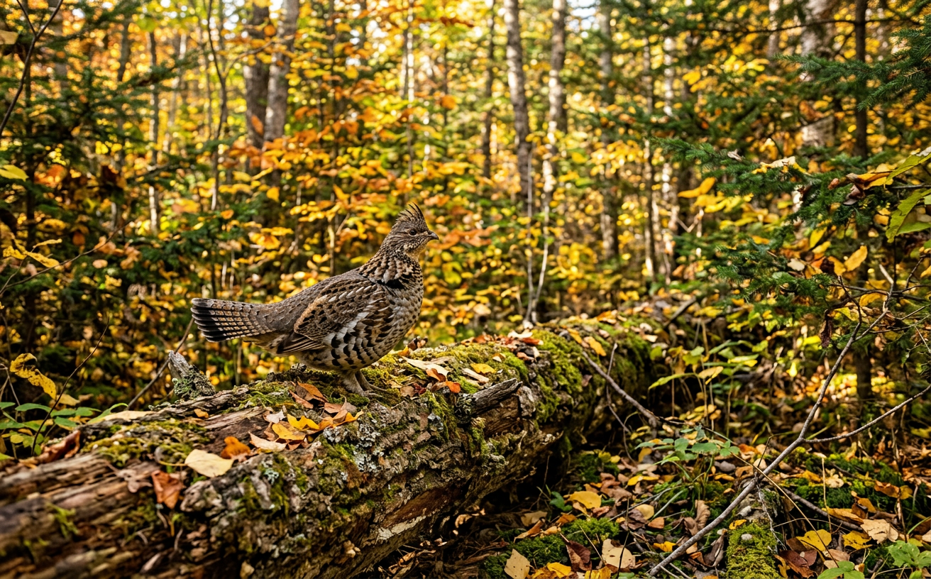 Une gélinotte huppée (perdrix) sur une bûche dans une forêt d'automne en Ontario.