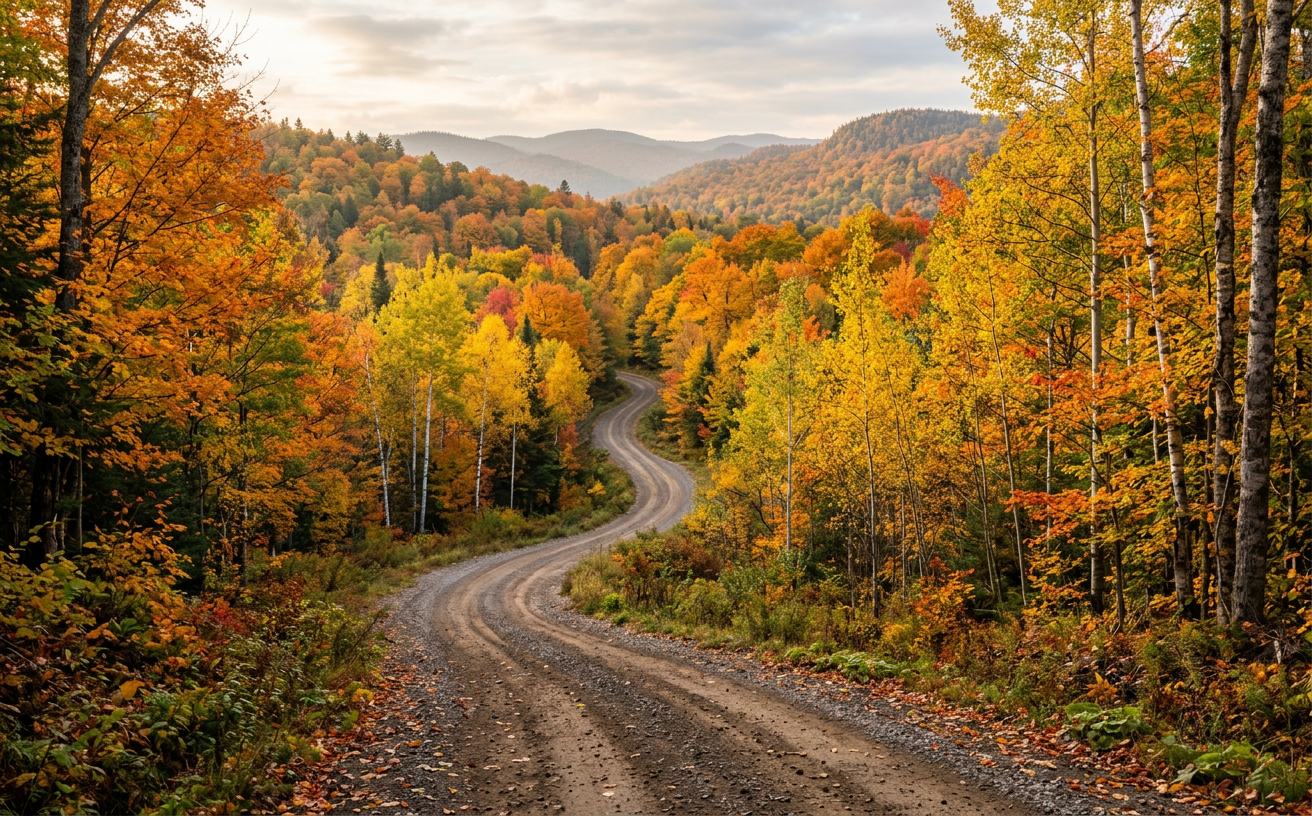 Autumn forest in Quebec with a gravel road ideal for ruffed grouse hunting.