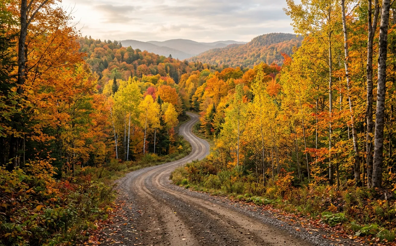 Autumn forest in Quebec with a gravel road ideal for ruffed grouse hunting.