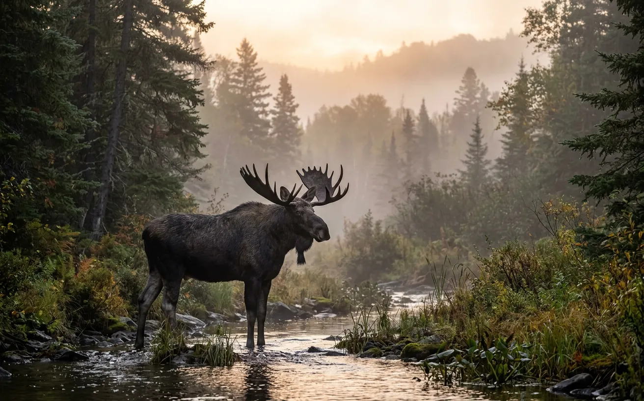 A large bull moose standing in a misty boreal forest in Canada