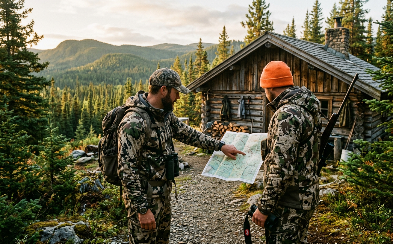 A hunting guide and a client discussing strategy outside a Canadian outfitter lodge.