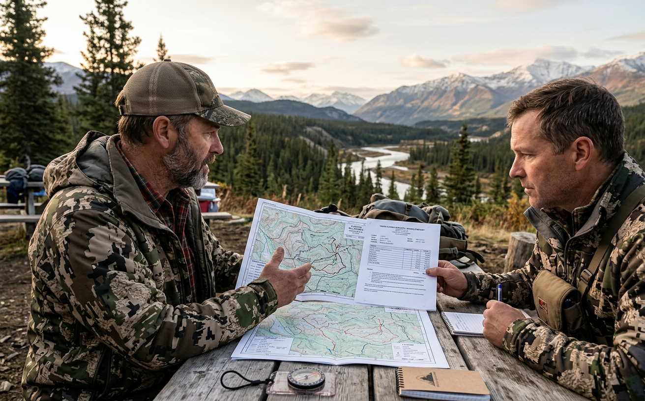 A hunting guide discussing logistical and budget details with a client in the Canadian wilderness.