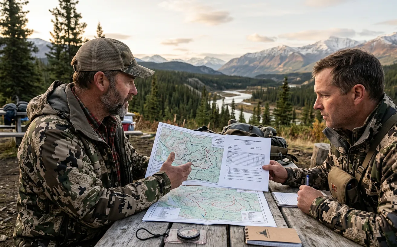 Un guide de chasse discutant des détails logistiques et budgétaires avec un client en pleine nature canadienne.