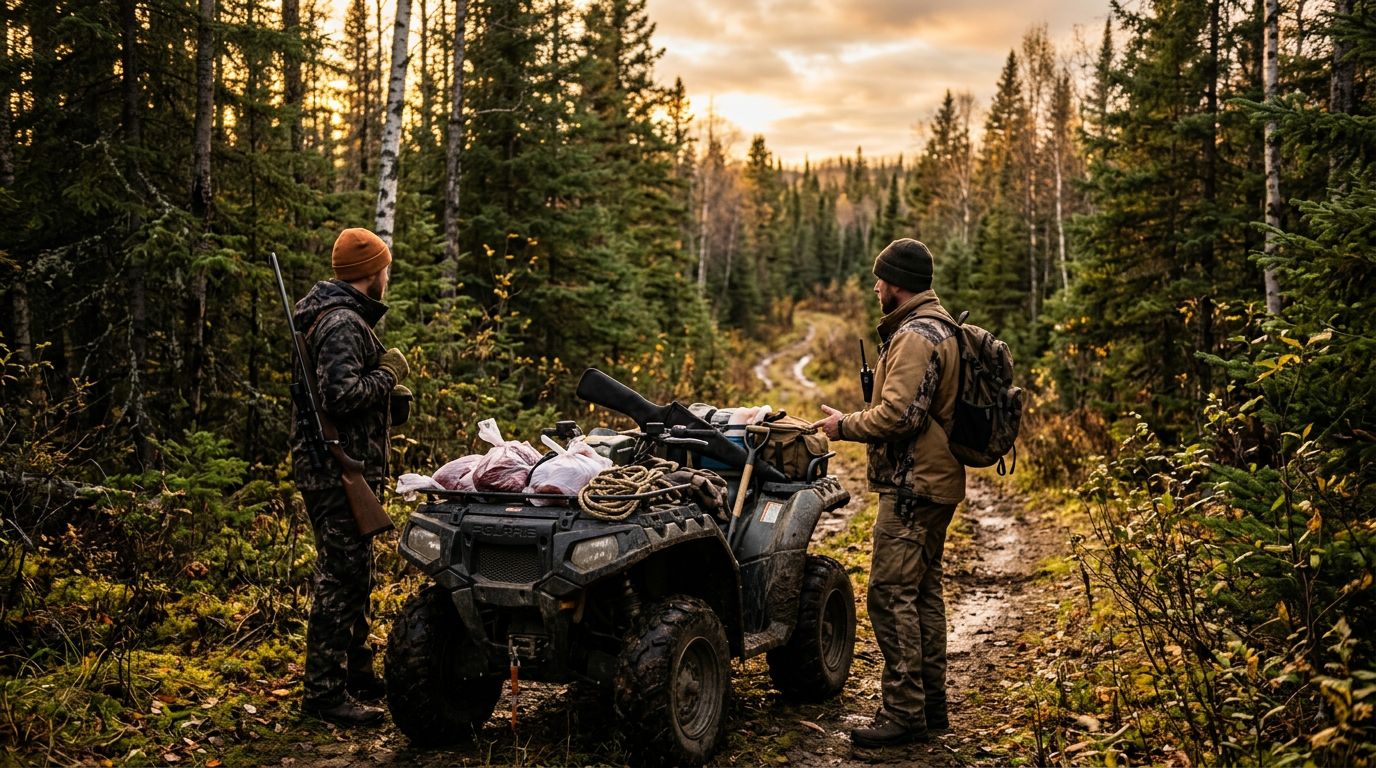 Hunting guide and hunter organizing gear near an ATV in the Canadian wilderness.