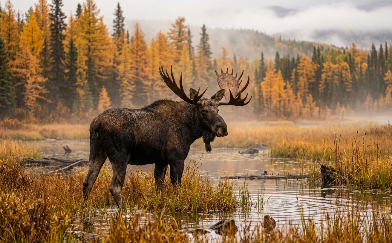 A large bull moose standing in a misty marsh during the Canadian autumn.