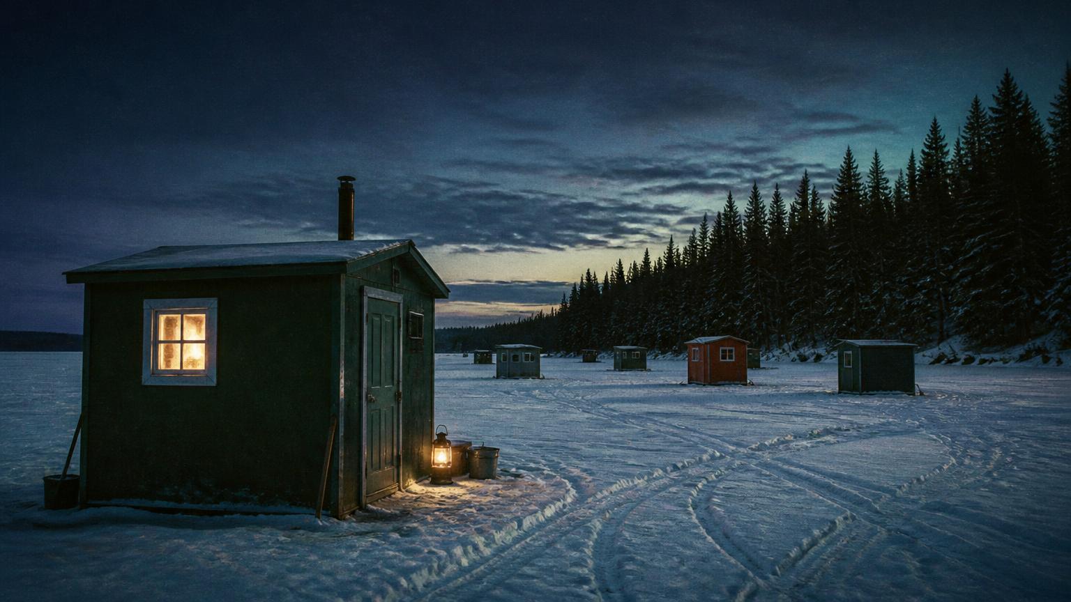 Lit ice fishing huts at dusk on a frozen lake
