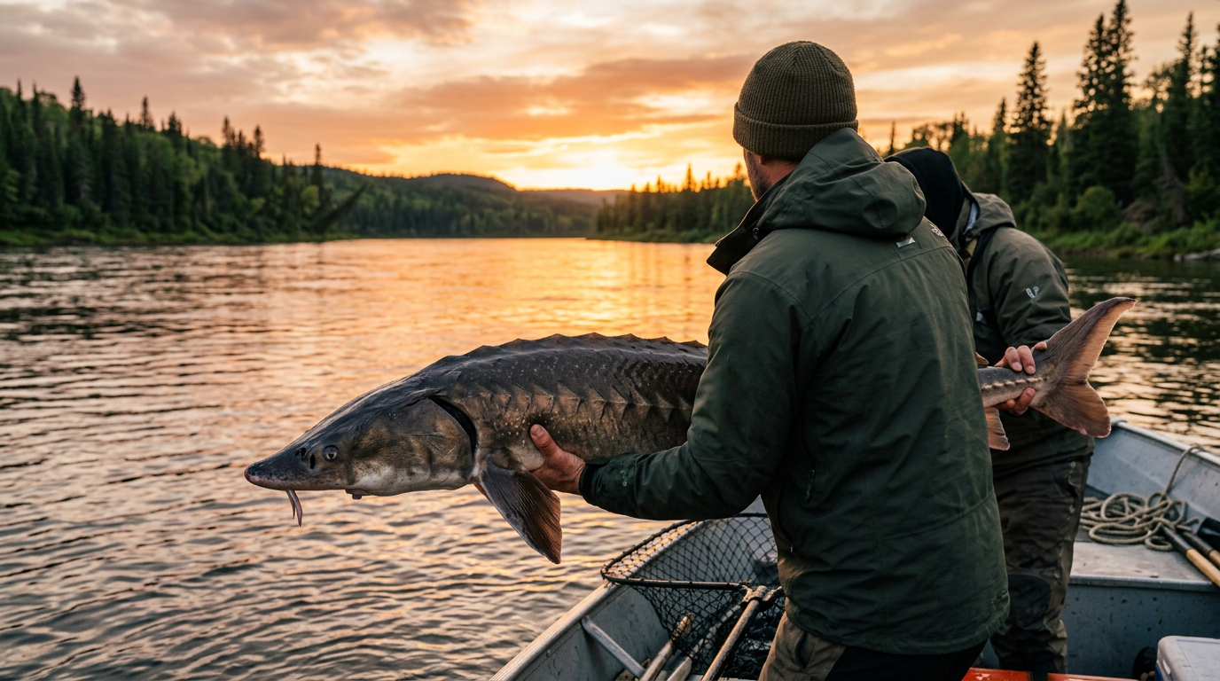 Angler holding a large lake sturgeon over a river in Abitibi-Témiscamingue.