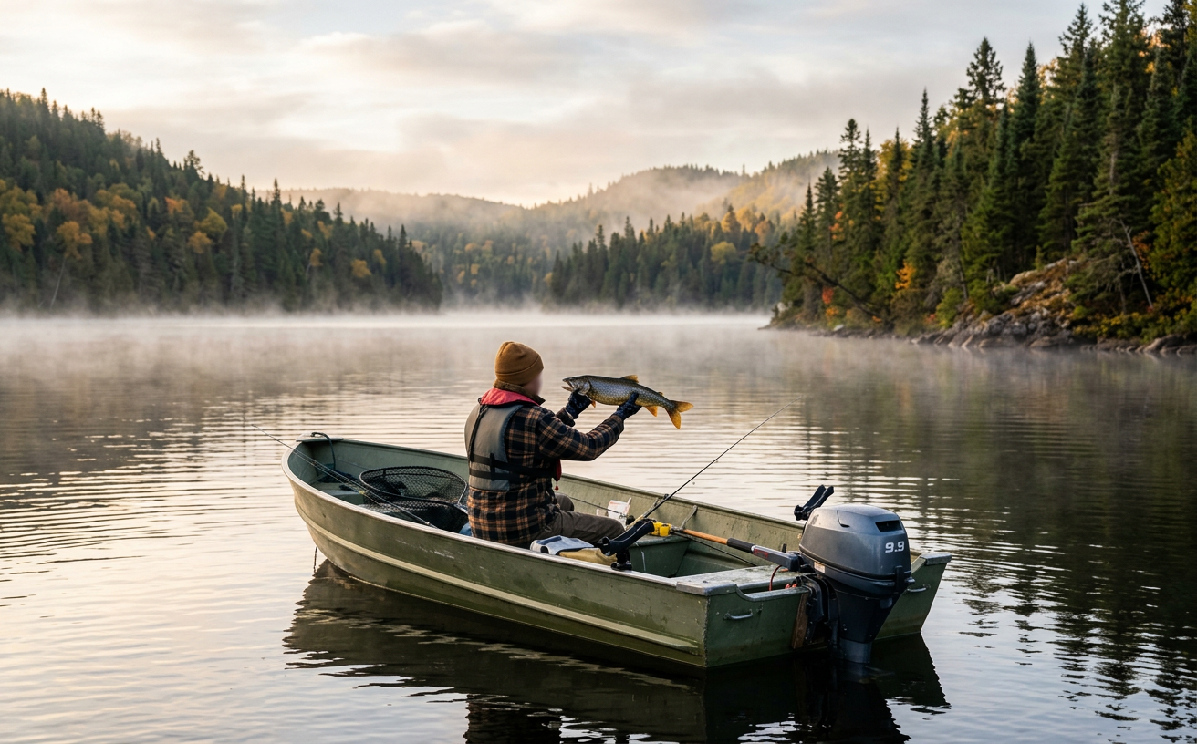 Pêcheur tenant une truite grise sur un lac de la Mauricie au lever du soleil.