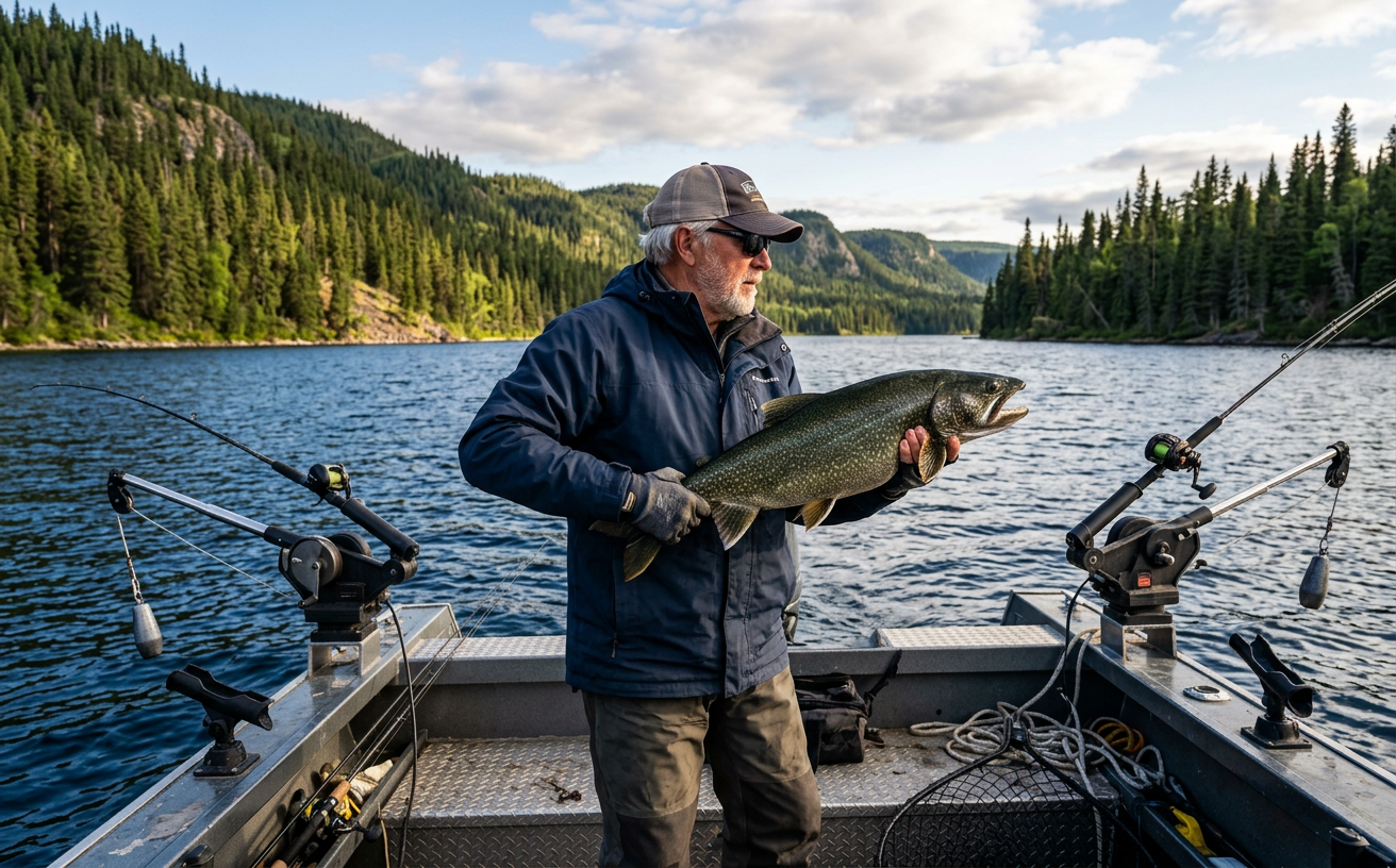 Un pêcheur tenant une grosse truite grise sur un lac canadien avec un équipement de pêche en profondeur.