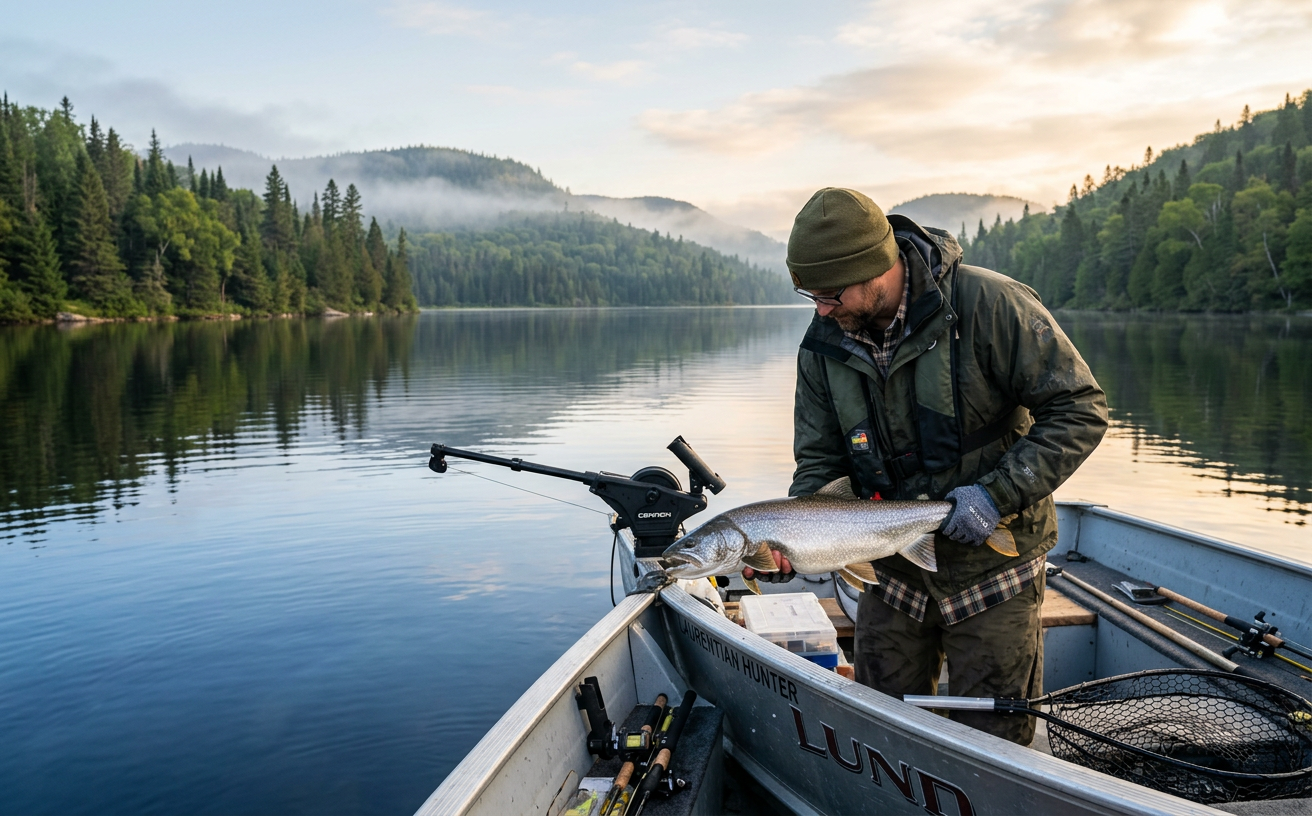 Un pêcheur tenant une grande truite grise sur un lac des Laurentides.