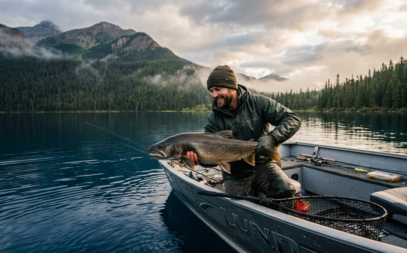Un pêcheur tenant une grosse truite grise sur un lac entouré de montagnes et de forêts de sapins.