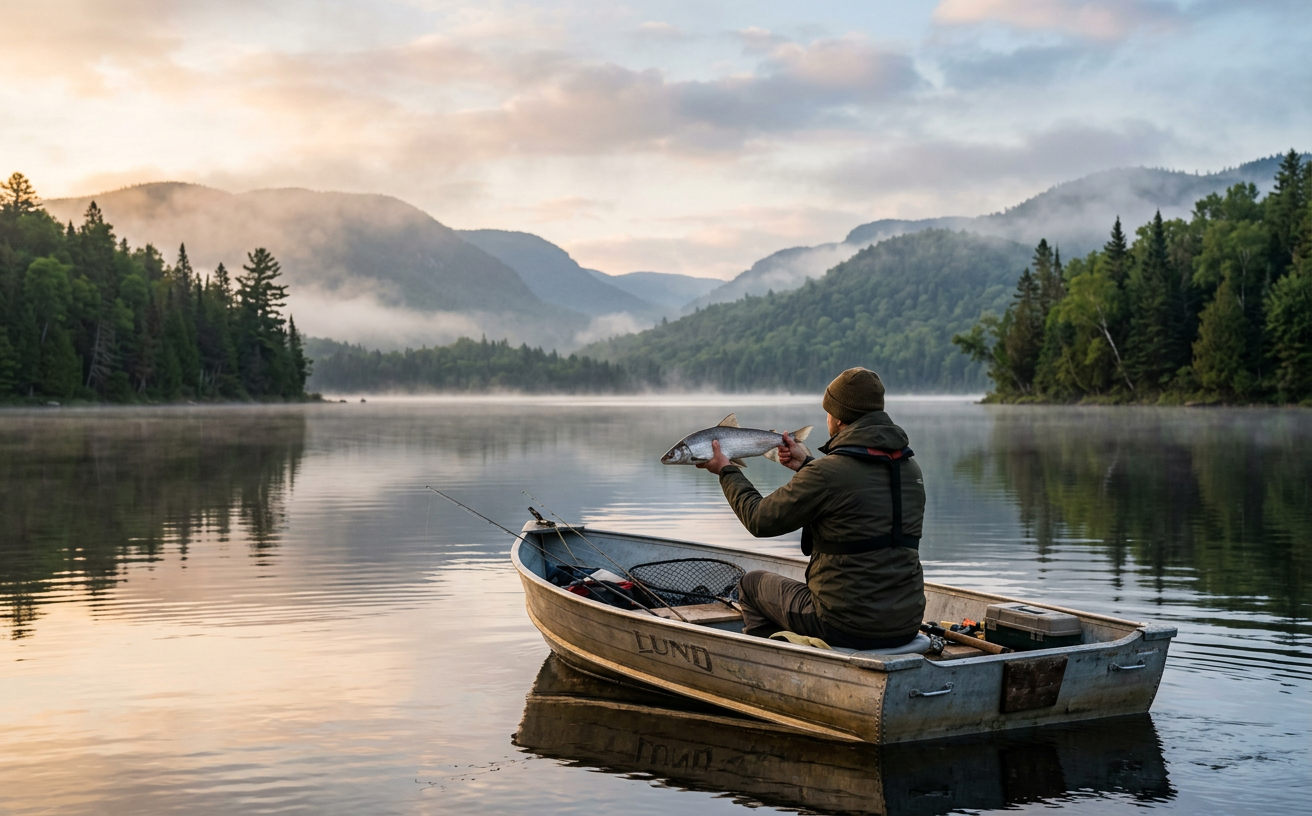 Un pêcheur tenant un grand corégone sur un lac des Laurentides au lever du soleil.