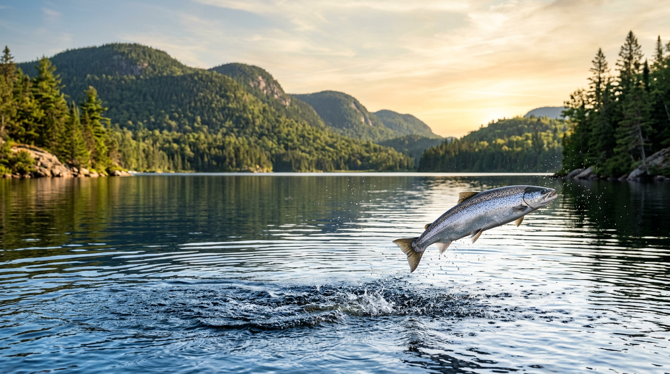 A landlocked salmon jumping out of a Laurentian lake at sunrise.