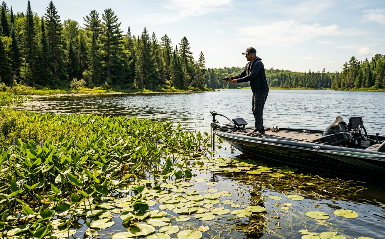Angler casting for largemouth bass in thick lily pads on a Canadian lake.