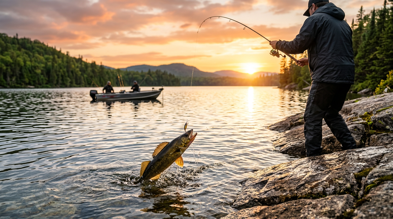 An angler landing a golden walleye in a Laurentian lake during sunset.