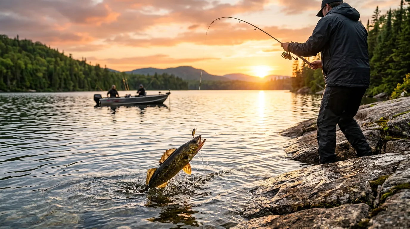 An angler landing a golden walleye in a Laurentian lake during sunset.