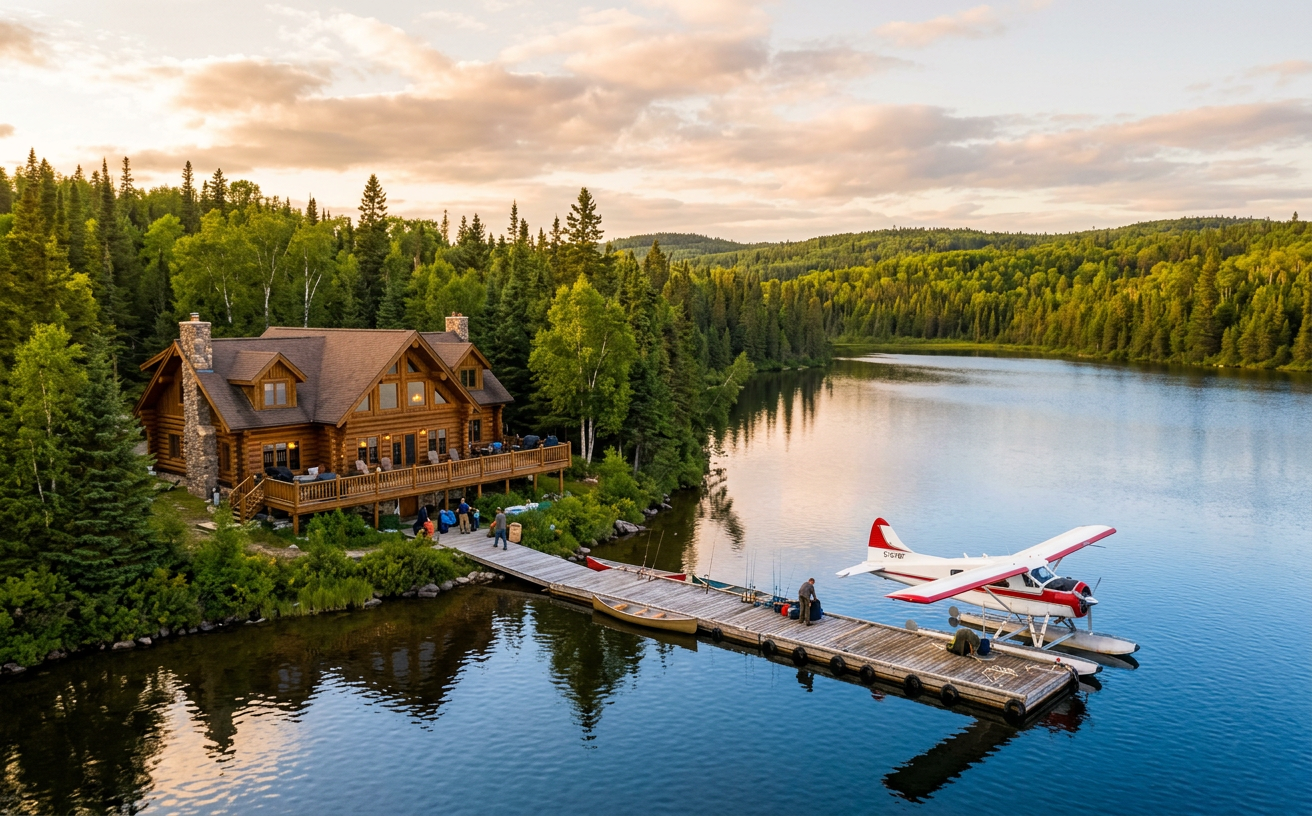 Luxury log cabin fishing lodge with a floatplane at the dock during sunset in Northern Quebec.