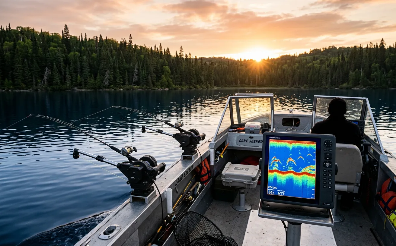 Bateau de pêche avec sonar et équipement de profondeur sur un lac canadien.