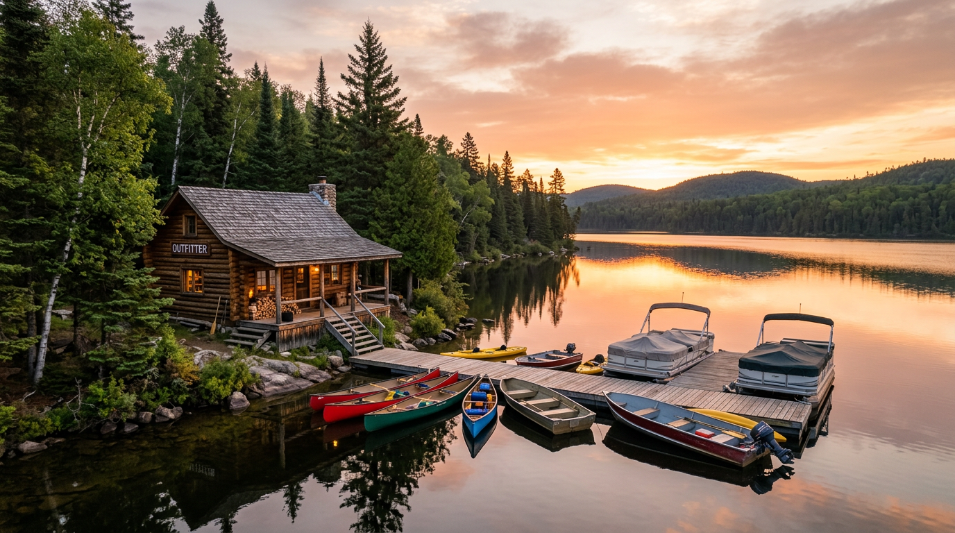 A rustic log cabin by a Canadian lake at sunrise with boats moored at the dock.