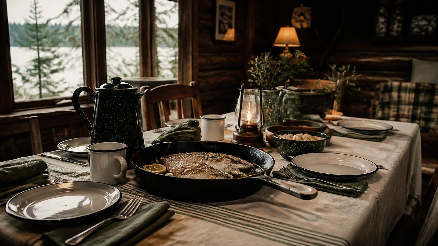 Lodge table set with a pan of fish and coffee pot, American plan at an outfitter
