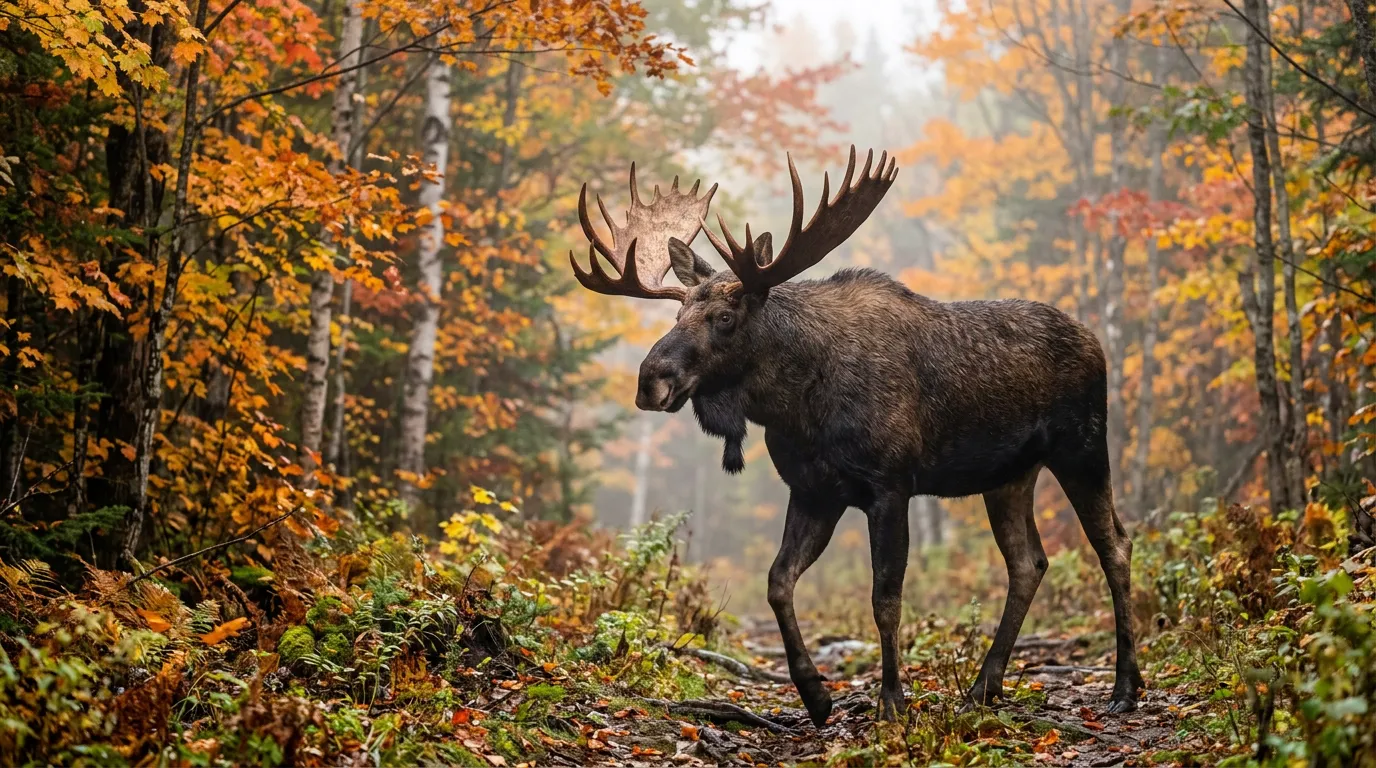 A large bull moose standing in a misty Quebec forest during the fall season.