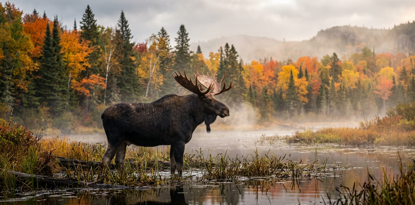 Un grand orignal mâle dans la forêt boréale de l'Abitibi à l'automne.