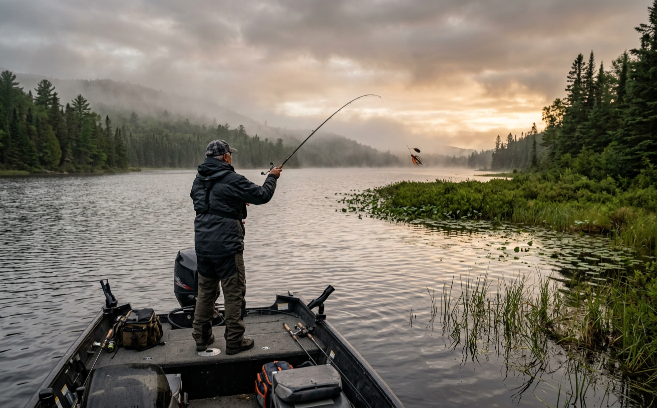 Pêcheur lançant un leurre pour le maskinongé dans un lac des Laurentides au coucher du soleil.