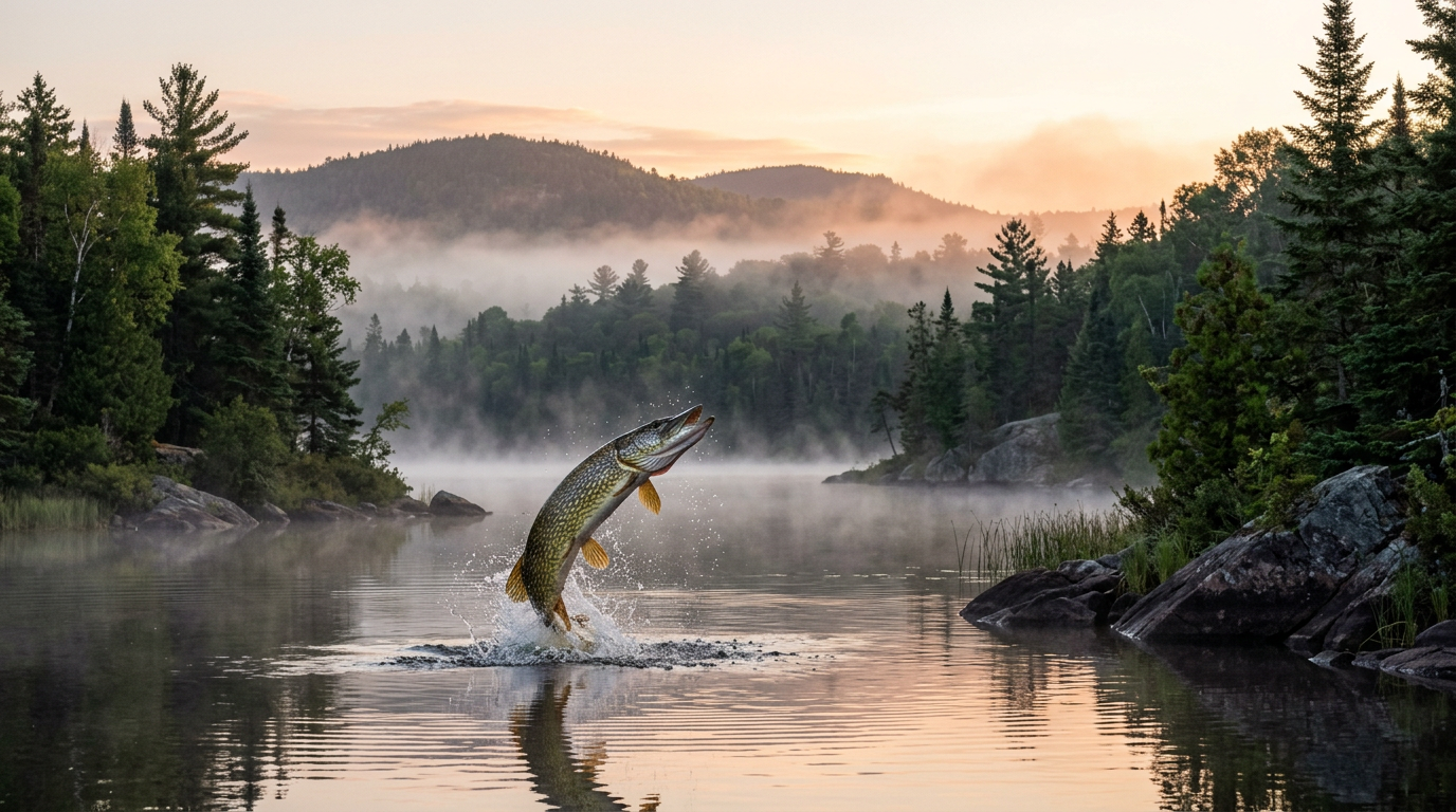 Un gros brochet sautant hors de l'eau dans un lac des Laurentides au lever du soleil.
