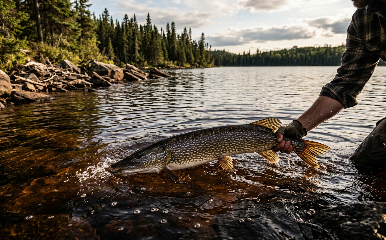 A large Northern Pike caught in a remote North Shore lake in Quebec.