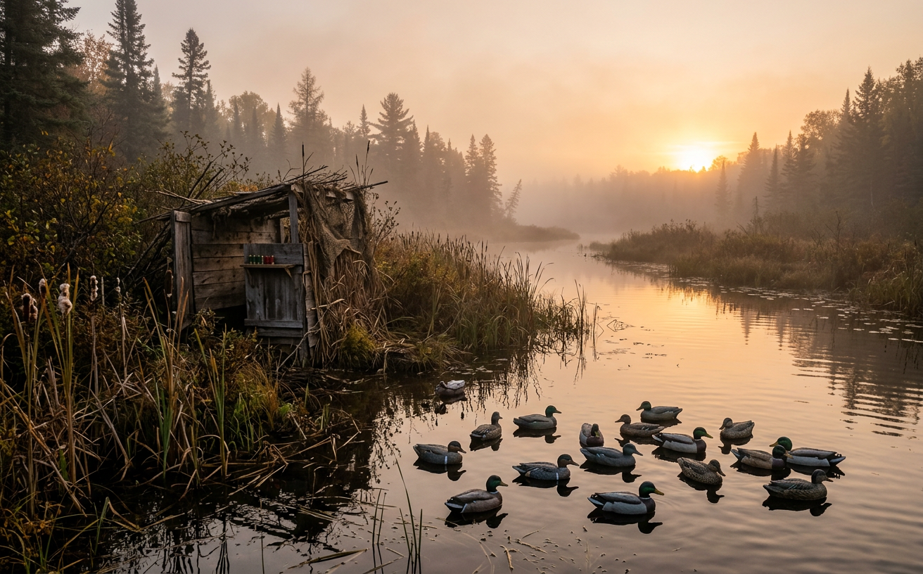 Appelants de canards sur un lac brumeux de l'Ontario au lever du soleil.