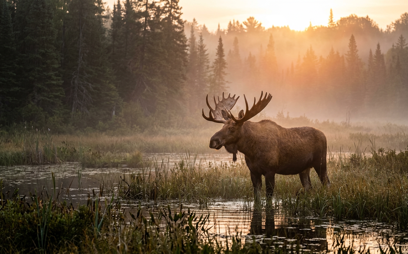 Un grand orignal mâle dans un marécage brumeux de l'Ontario au lever du soleil.