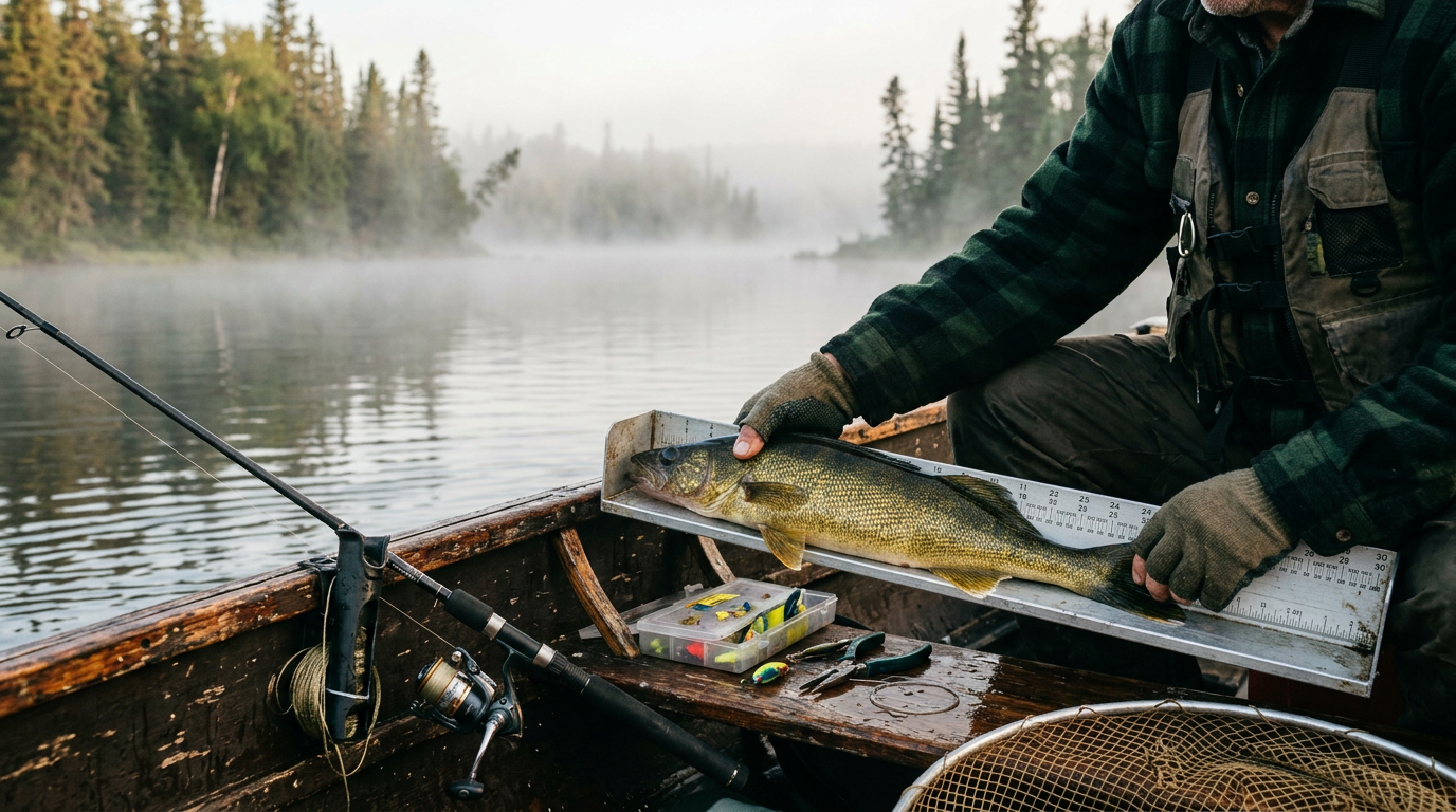 Fisherman measuring a walleye on a boat in Northern Canada.