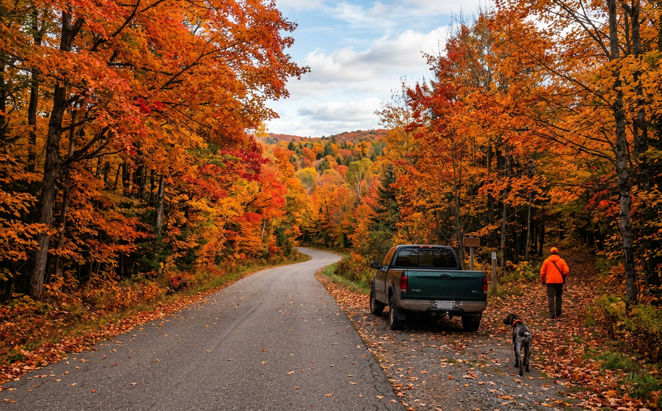 Chasseur marchant dans une forêt d'automne en Ontario avec son chien pendant un road trip de petit gibier.