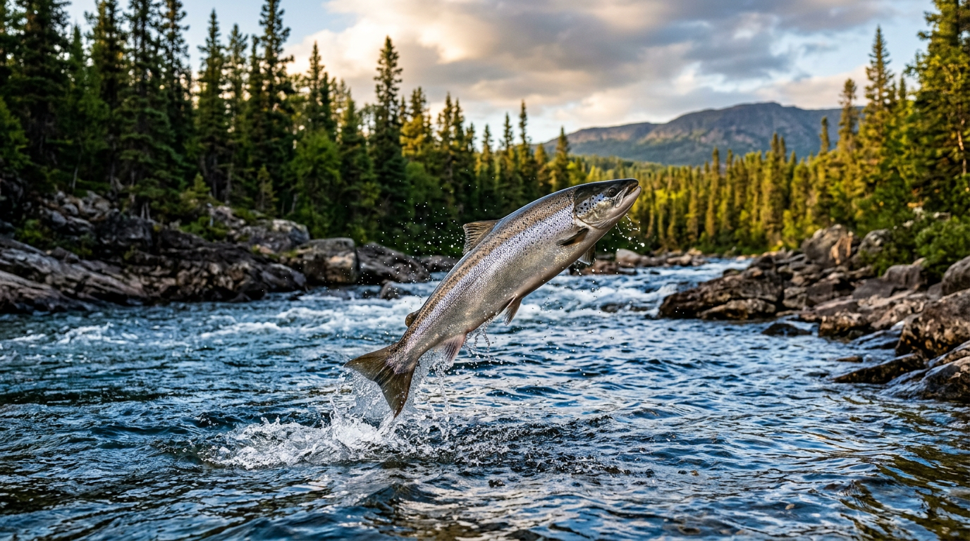 A silver ouananiche salmon jumping out of a North Shore river.