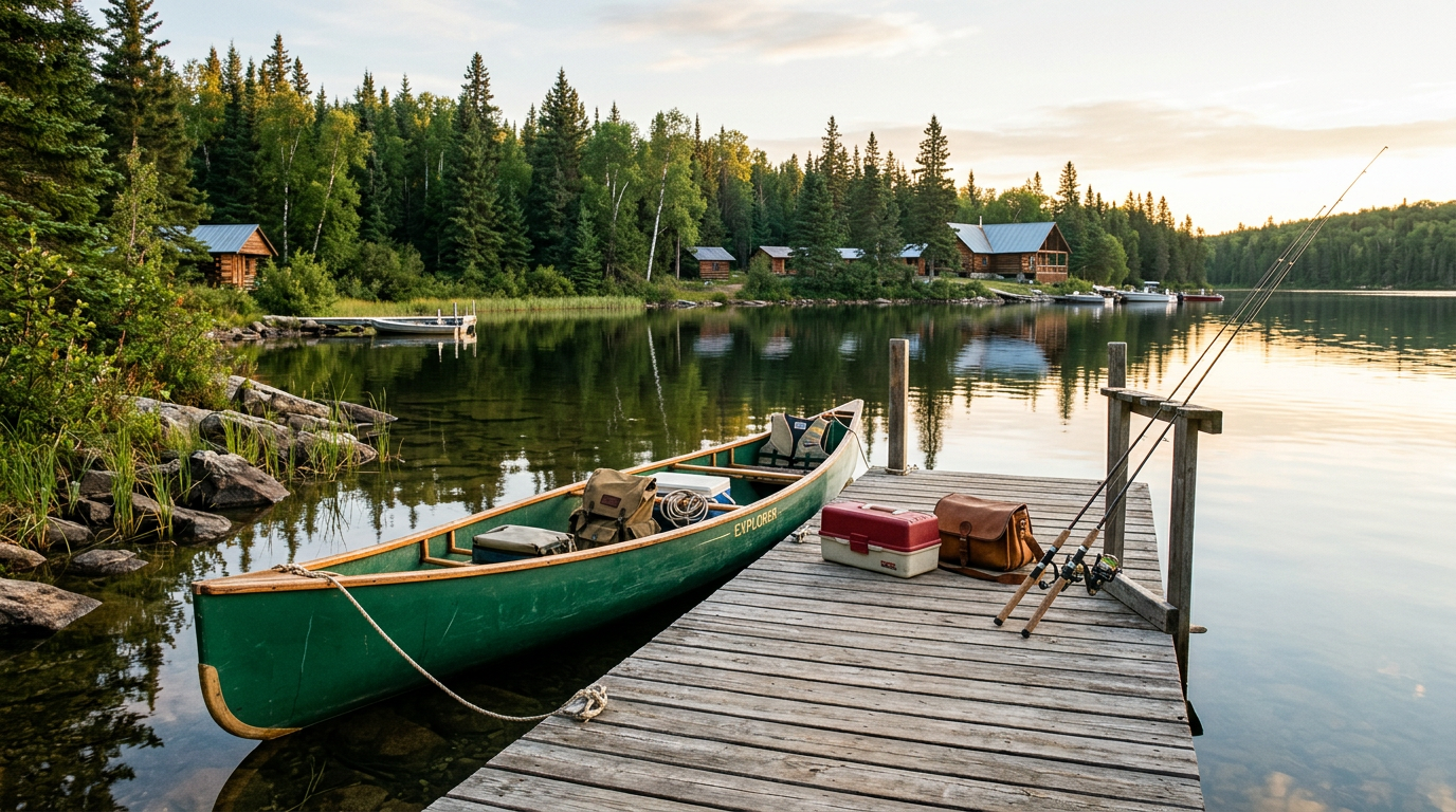 Fishing gear and luggage on a wooden dock at a Canadian outfitter lodge.