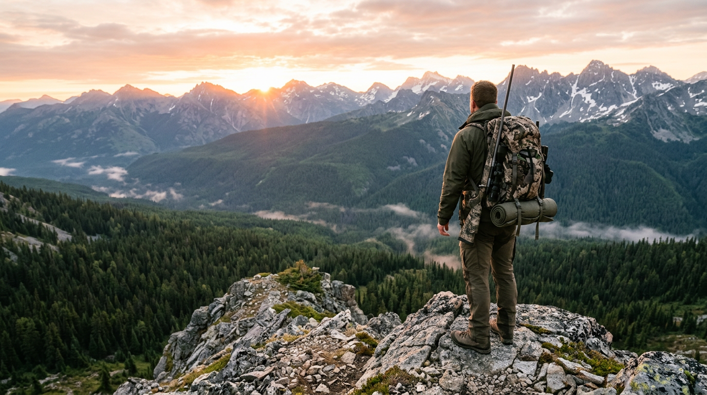 Hunter with a backpack overlooking the Canadian wilderness.