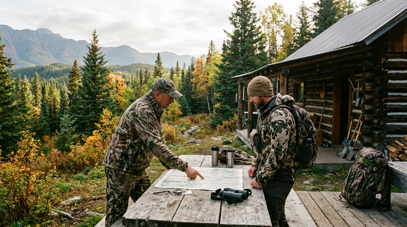 A hunting guide discussing plans with a client outside a rustic cabin.