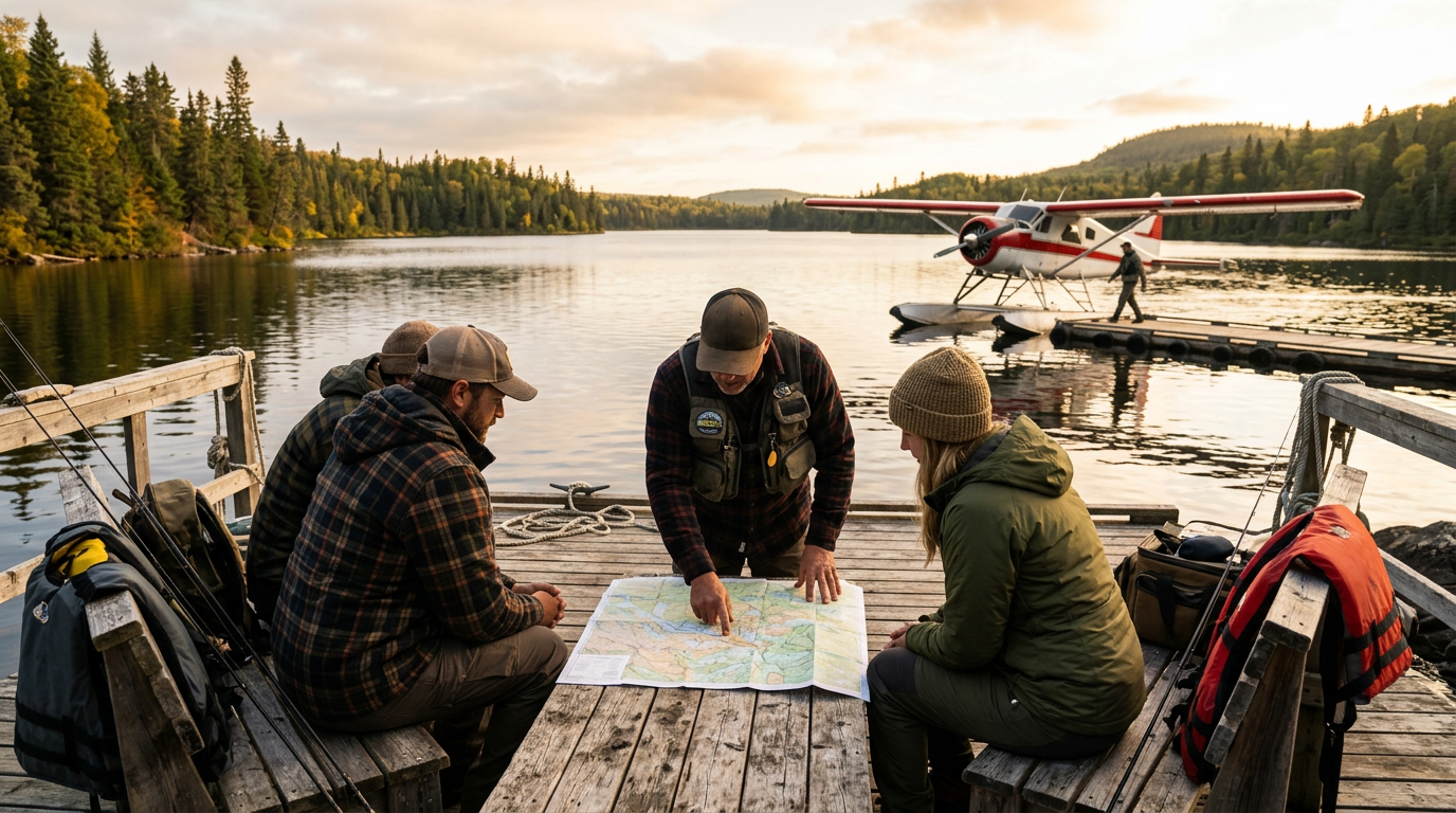 A professional fishing guide talking with clients on a dock at sunrise.