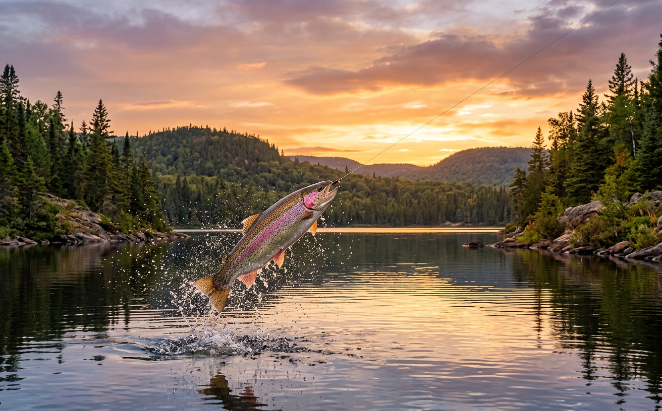 Une truite arc-en-ciel sautant hors d'un lac des Laurentides au coucher du soleil.