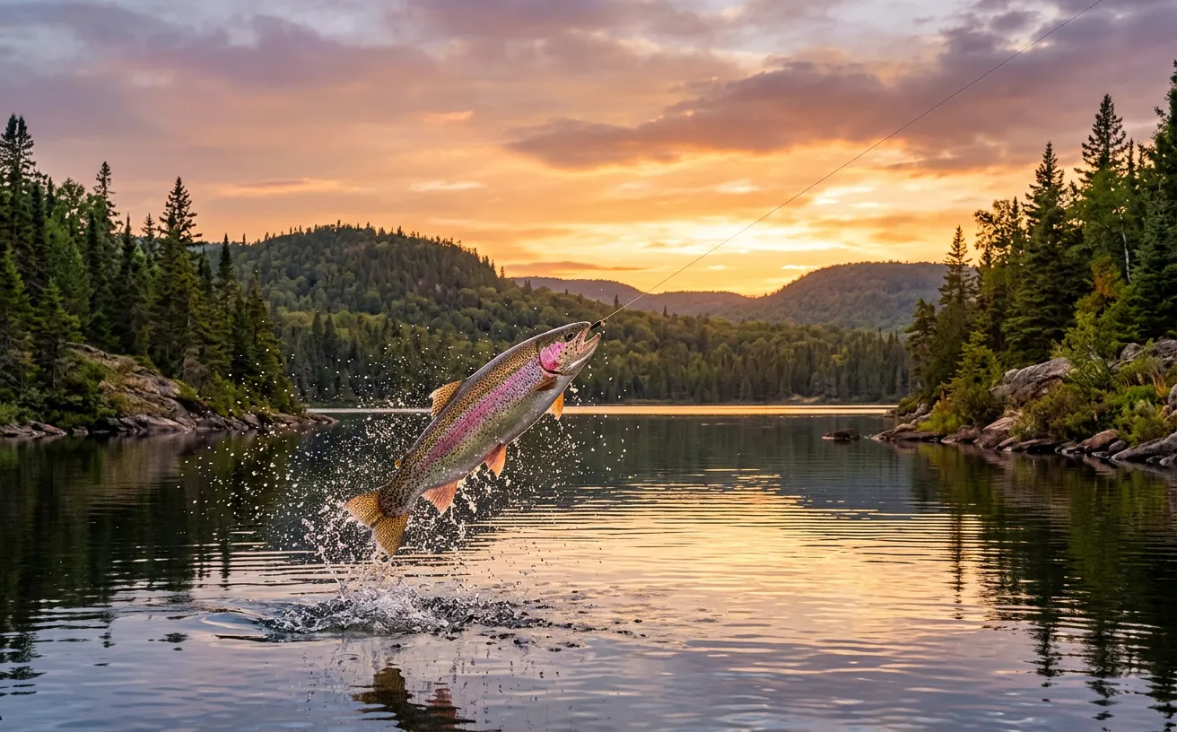 A rainbow trout leaping out of a Laurentian lake at sunset.