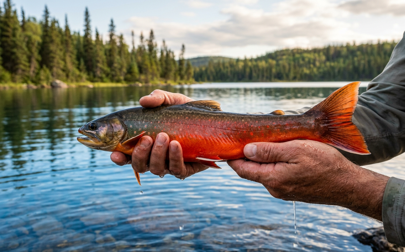 Une truite rouge capturée sur la Côte-Nord montrant ses couleurs vives.
