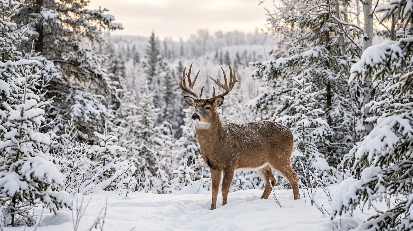 A large whitetail buck in a snowy Saskatchewan forest.