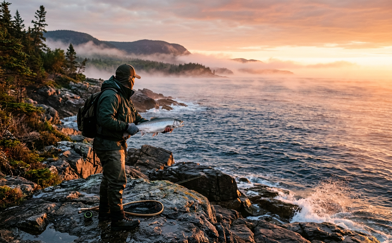 An angler holding a large silver sea-run brook trout on the rocky coast of the North Shore at sunrise.