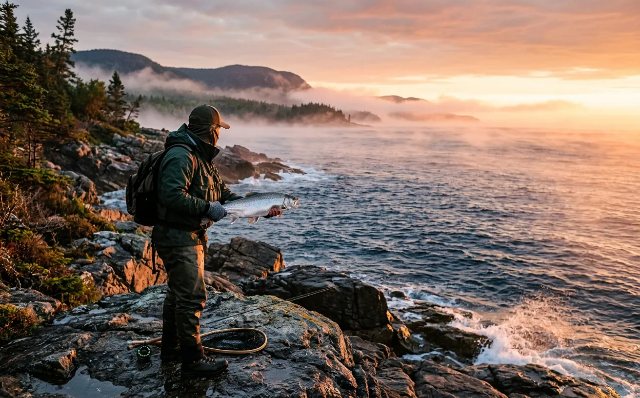 Un pêcheur tenant une grosse truite de mer argentée sur la côte rocheuse de la Côte-Nord au lever du soleil.